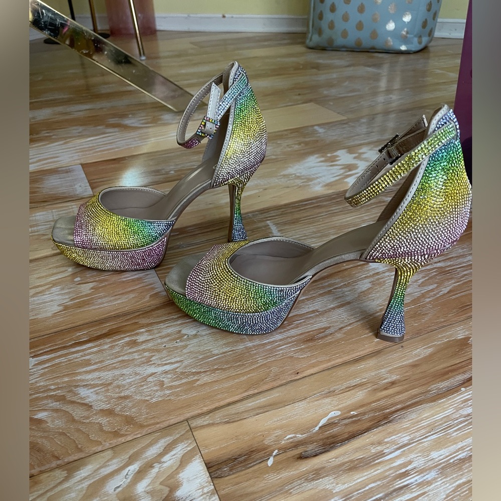 Rainbow rhinestone wedges with strap size 9 worn once